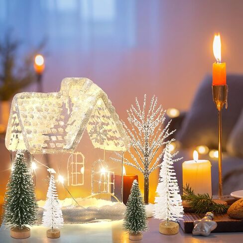 6 Pcs 6.3'' Lighted Christmas Village Set Large Glass Christmas Village Houses with 5 Xmas Trees Glitter Christmas Decorations Indoor Winter White Christmas Tabletop Decor for Xmas Holiday in Saudi Arabia