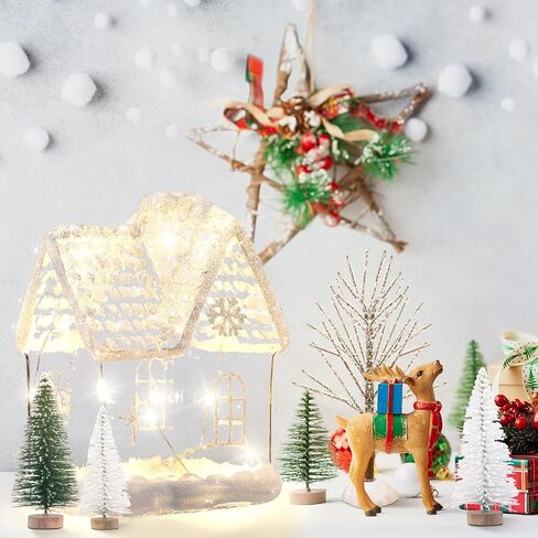 6 Pcs 6.3'' Lighted Christmas Village Set Large Glass Christmas Village Houses with 5 Xmas Trees Glitter Christmas Decorations Indoor Winter White Christmas Tabletop Decor for Xmas Holiday in Saudi Arabia