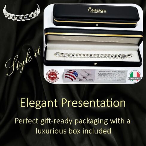 925 Sterling Silver Cuban Link Chain, Italian-Made Solid Chain Bracelet and Necklace for Men & Women - (Premium Leather Gift Box Included) in Kuwait
