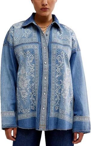 Free People Women's Lace Embroidered Denim Shirt, Med Rancher Wash in Saudi Arabia