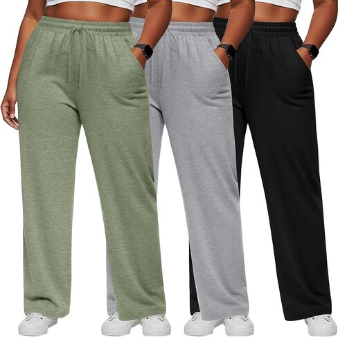 Neer 3 Pack Women's Plus Size Pants with Pockets Ladies Yoga Wide Leg High Waist Drawstring Sweatpants Elastic Lounge Pants in Saudi Arabia