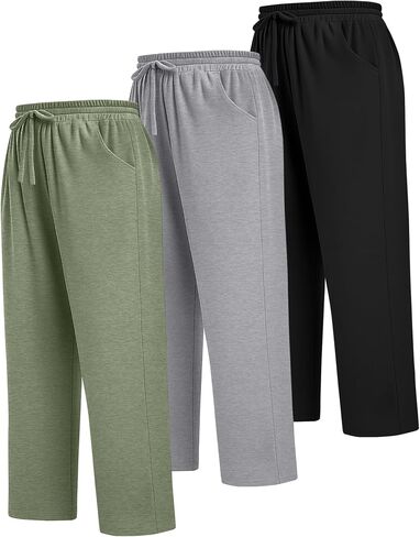 Neer 3 Pack Women's Plus Size Pants with Pockets Ladies Yoga Wide Leg High Waist Drawstring Sweatpants Elastic Lounge Pants in Saudi Arabia