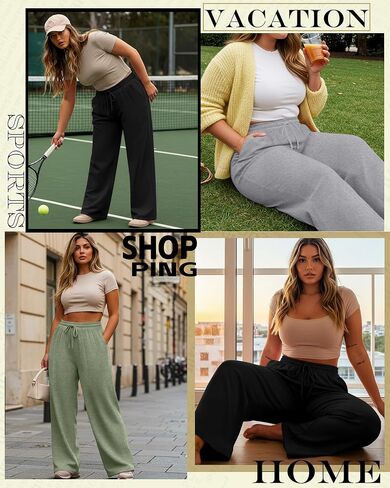 Neer 3 Pack Women's Plus Size Pants with Pockets Ladies Yoga Wide Leg High Waist Drawstring Sweatpants Elastic Lounge Pants in Saudi Arabia
