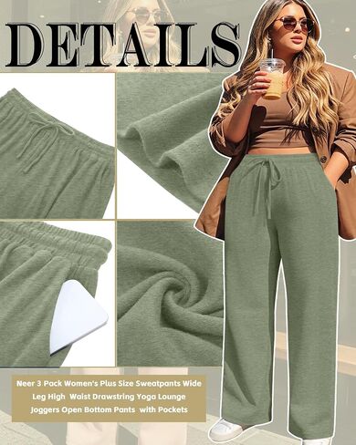 Neer 3 Pack Women's Plus Size Pants with Pockets Ladies Yoga Wide Leg High Waist Drawstring Sweatpants Elastic Lounge Pants in Saudi Arabia
