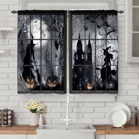Worltoldb Halloween Witch Kitchen Curtains Cafe Curtains for Bathroom Dining Room Living Room Pocket Window Drapes 2 Panels Set 28"x36" in Kuwait