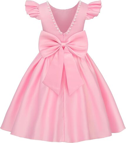 Uhnice Flower Girl Pearl Dress Flutter Sleeve V-Back Satin Dress with Bowknot for Wedding Birthday Party in Kuwait