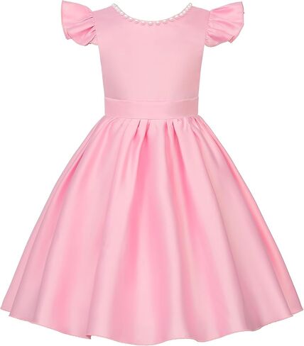 Uhnice Flower Girl Pearl Dress Flutter Sleeve V-Back Satin Dress with Bowknot for Wedding Birthday Party in Kuwait