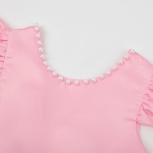 Uhnice Flower Girl Pearl Dress Flutter Sleeve V-Back Satin Dress with Bowknot for Wedding Birthday Party in Kuwait