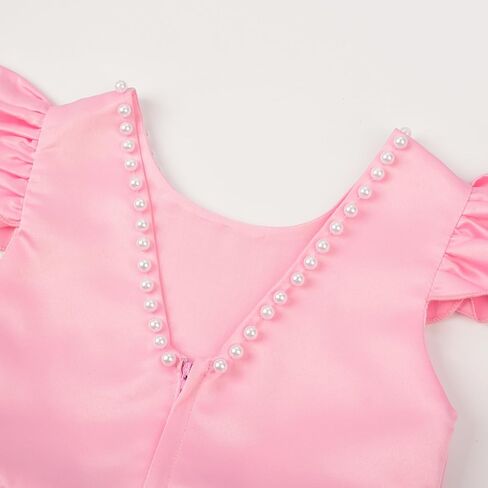 Uhnice Flower Girl Pearl Dress Flutter Sleeve V-Back Satin Dress with Bowknot for Wedding Birthday Party in Kuwait