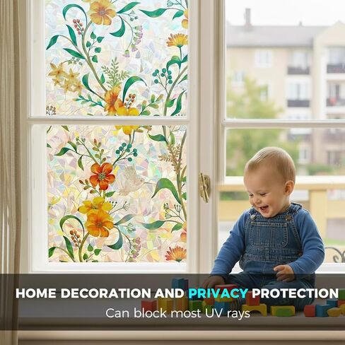 Stained Glass Window Privacy Film Static Cling - Rainbow Window Tint with Iridescent Effect for Home & Car Stickers |emovable Decorative Film | Heat Blocking & Anti UV(Yellow- Green, 17.5 * 78.5) in Saudi Arabia