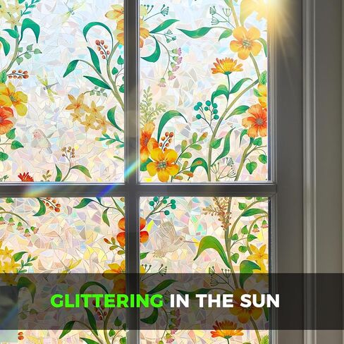 Stained Glass Window Privacy Film Static Cling - Rainbow Window Tint with Iridescent Effect for Home & Car Stickers |emovable Decorative Film | Heat Blocking & Anti UV(Yellow- Green, 17.5 * 78.5) in Saudi Arabia
