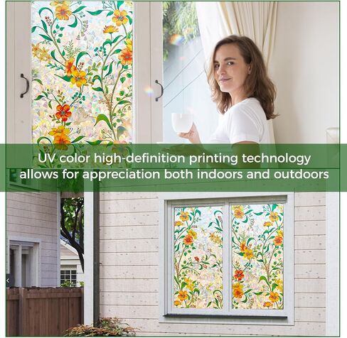 Stained Glass Window Privacy Film Static Cling - Rainbow Window Tint with Iridescent Effect for Home & Car Stickers |emovable Decorative Film | Heat Blocking & Anti UV(Yellow- Green, 17.5 * 78.5) in Saudi Arabia