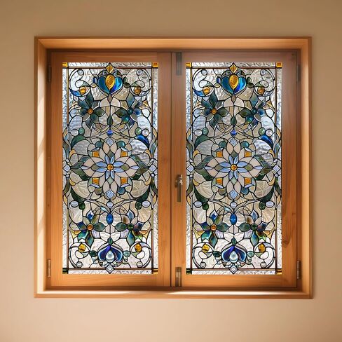 IVN Stained Glass Window Film 17.7x39.3 inch Floral Decorative Window Privacy Film Stained Decals Static Cling Sun Blocking Decor for Home Office Windows Door Glass Partitions in Kuwait