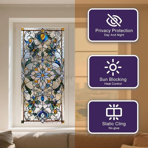 IVN Stained Glass Window Film 17.7x39.3 inch Floral Decorative Window Privacy Film Stained Decals Static Cling Sun Blocking Decor for Home Office Windows Door Glass Partitions in Kuwait