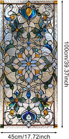 IVN Stained Glass Window Film 17.7x39.3 inch Floral Decorative Window Privacy Film Stained Decals Static Cling Sun Blocking Decor for Home Office Windows Door Glass Partitions in Kuwait