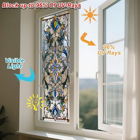 IVN Stained Glass Window Film 17.7x39.3 inch Floral Decorative Window Privacy Film Stained Decals Static Cling Sun Blocking Decor for Home Office Windows Door Glass Partitions in Kuwait