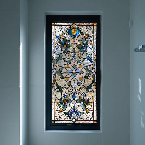 IVN Stained Glass Window Film 17.7x39.3 inch Floral Decorative Window Privacy Film Stained Decals Static Cling Sun Blocking Decor for Home Office Windows Door Glass Partitions in Kuwait