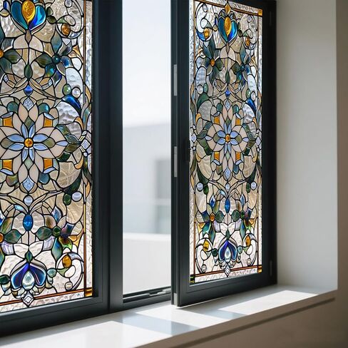 IVN Stained Glass Window Film 17.7x39.3 inch Floral Decorative Window Privacy Film Stained Decals Static Cling Sun Blocking Decor for Home Office Windows Door Glass Partitions in Kuwait