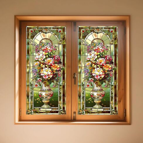 IVN Stained Glass Window Film 17.7x39.3 inch Floral Decorative Window Privacy Film Stained Decals Static Cling Sun Blocking Decor for Home Office Windows Door Glass Partitions in Kuwait