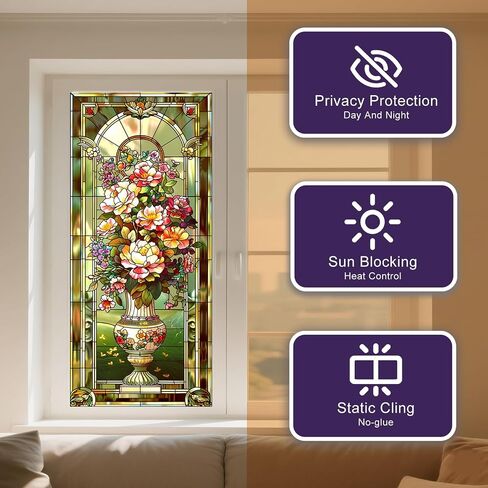 IVN Stained Glass Window Film 17.7x39.3 inch Floral Decorative Window Privacy Film Stained Decals Static Cling Sun Blocking Decor for Home Office Windows Door Glass Partitions in Kuwait