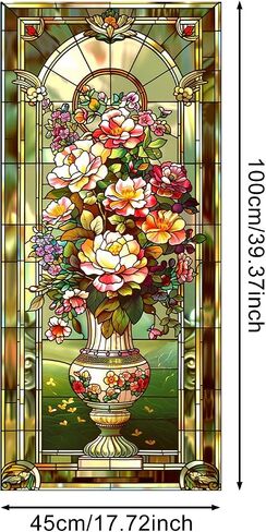 IVN Stained Glass Window Film 17.7x39.3 inch Floral Decorative Window Privacy Film Stained Decals Static Cling Sun Blocking Decor for Home Office Windows Door Glass Partitions in Kuwait