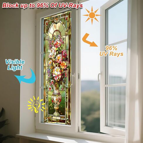 IVN Stained Glass Window Film 17.7x39.3 inch Floral Decorative Window Privacy Film Stained Decals Static Cling Sun Blocking Decor for Home Office Windows Door Glass Partitions in Kuwait