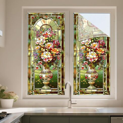 IVN Stained Glass Window Film 17.7x39.3 inch Floral Decorative Window Privacy Film Stained Decals Static Cling Sun Blocking Decor for Home Office Windows Door Glass Partitions in Kuwait