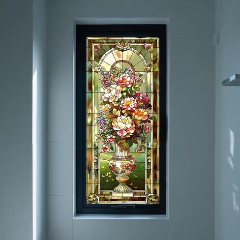 IVN Stained Glass Window Film 17.7x39.3 inch Floral Decorative Window Privacy Film Stained Decals Static Cling Sun Blocking Decor for Home Office Windows Door Glass Partitions in Kuwait