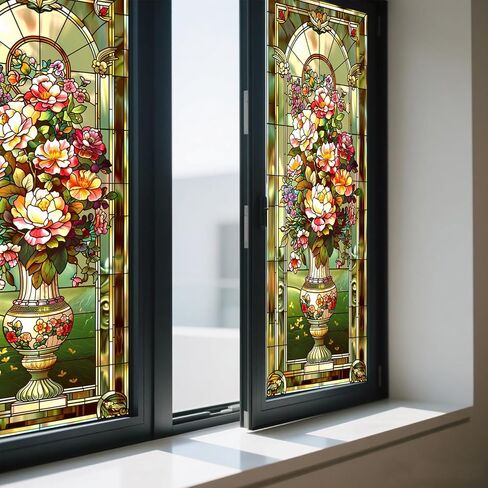 IVN Stained Glass Window Film 17.7x39.3 inch Floral Decorative Window Privacy Film Stained Decals Static Cling Sun Blocking Decor for Home Office Windows Door Glass Partitions in Kuwait