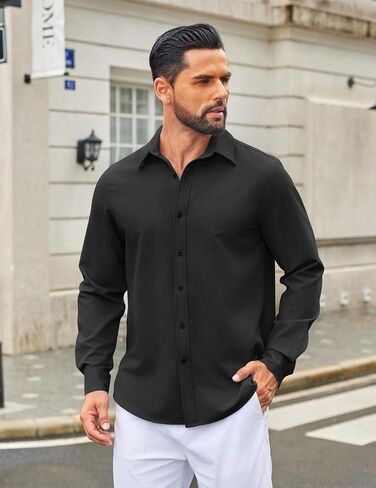 قميص COOFANDY رجالي كاجوال بأزرار سفلية وأكمام طويلة قميص غير مطوي من قماش الدنيم خالي من التجاعيد in Saudi Arabia