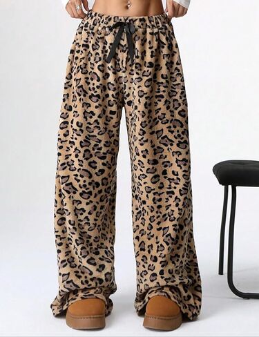 Wyeysyt سراويل بيجاما نسائية غامضة قطيفة مرنة الخصر واسعة الساق ليوبارد السراويل Pj قيعان صالة منفوش السراويل in Kuwait