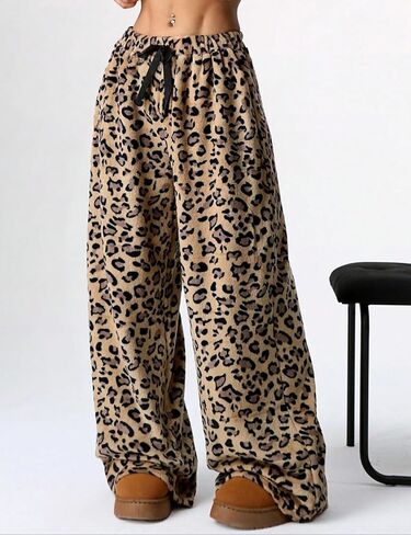 Wyeysyt سراويل بيجاما نسائية غامضة قطيفة مرنة الخصر واسعة الساق ليوبارد السراويل Pj قيعان صالة منفوش السراويل in Kuwait