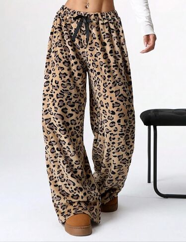 Wyeysyt سراويل بيجاما نسائية غامضة قطيفة مرنة الخصر واسعة الساق ليوبارد السراويل Pj قيعان صالة منفوش السراويل in Kuwait
