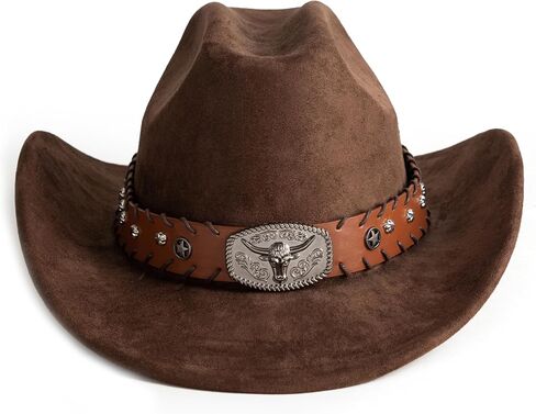 Cowboy Hats for Men Women Wide Brim Felt Hats with Cow Belt Buckle in Kuwait
