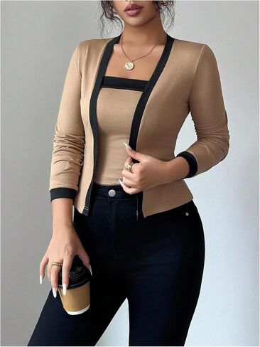 SOLY HUX Women's 2 Piece Open Front Cardigan Contrast Binding Long Sleeve Tops and Camisole Set Casual Fall Clothes in Saudi Arabia