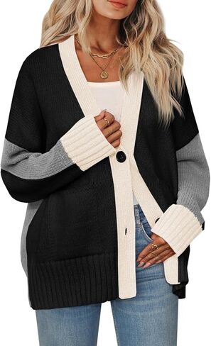 Saodimallsu Womens V Neck Cardigan Sweaters Color Block Button Oversized Long Sleeve Open Front Knit Sweater Coats in Saudi Arabia