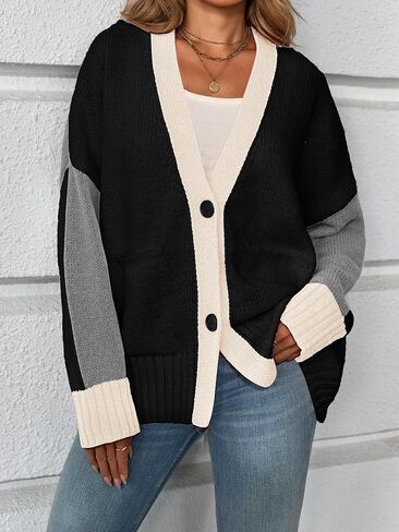 Saodimallsu Womens V Neck Cardigan Sweaters Color Block Button Oversized Long Sleeve Open Front Knit Sweater Coats in Saudi Arabia