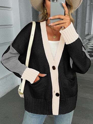 Saodimallsu Womens V Neck Cardigan Sweaters Color Block Button Oversized Long Sleeve Open Front Knit Sweater Coats in Saudi Arabia