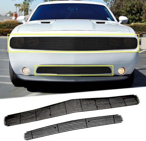 Front Grille Fits 2011-2014 Dodge Challenger Main Upper Lower Bumper Grille Insert Combo Solid Aluminum (Black) in Saudi Arabia
