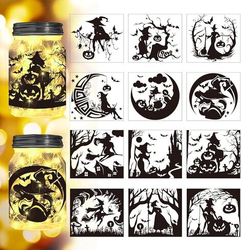 Halloween Witches Silhouette Cutouts for Jars, Mason Can, Glass, Wishing Bottle Decor(No Stickers), 12Pcs Reusable Silhouette for Lantern DIY Craft Kit Jar Decals Art Mural Home Garden Decor in Saudi Arabia