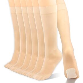 Women's Sheer Knee High Stockings 18D Non-slip Comfortable Nylon Nude Trouser Stockings Cotton Sole 6Pack