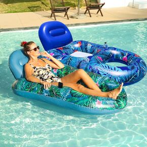 FindUWill Pool Floats Chairs Adult - 2 Pack 65'' x 42'' كراسي عائمة كبيرة لحمام السباحة، كرسي حمام سباحة قابل للنفخ مع حامل هاتف كوب، مسند ظهر، مسند للقدمين، صالة حمام سباحة الدباغة (أزرق وأخضر)