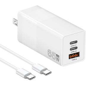 شاحن USB C بقدرة 65 وات، شاحن غان 3 منافذ قابل للطي من النوع C، شاحن حائط سريع، محول طاقة تيار متردد لأجهزة MacBook Pro/Air، iPad Pro، Dell XPS، Lenovo، iPhone 15/14، Chromebook/مصدر طاقة الألعاب (أبيض) in Kuwait