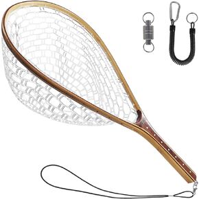 Aventik Fly Fishing Net Landing Net Trout Fishing Wooden Net with Measuring Mark Soft Rubber Net Bag Catch & Release Fish Net Great Protection for Fish