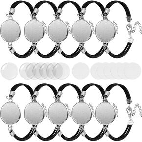 16 Pieces 20 mm Sublimation Bracelet Blanks Bezel Bracelet Tray Settings Faux Leather Base Tray Bangles with 16 Round Glass Cabochons and 16 Aluminum Sheets for Jewelry Making DIY Bracelets