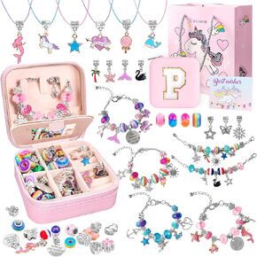 Charm Bracelet Making Kit for Girls - 77pcs Kids Jewelry Making Kit DIY Charm Bracelet Necklace Kit for Girls Ages 5-12 Unicorn Crafts Birthday Easter Gifts With Initial Jewelry Organizer Box