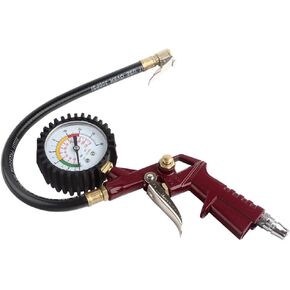منفاخ الإطارات مع مقياس الضغط 0-220 رطل لكل بوصة مربعة، مقياس ضغط الإطارات مع منفاخ مع خرطوم مطاطي وقابس توصيل سريع للسيارة والشاحنة والدراجة والدراجات النارية، أحمر in Kuwait