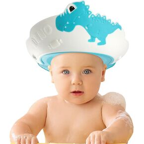 FUNUPUP Baby Shower Cap for Kids with Baby Bath Sponge Adjustable Bath Visor for Toddlers Baby Hair Washing Shield with Baby Sponge for Bathing (Dinosaur Blue)