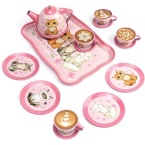 Kids Tea Set for Little Girls, 18Pcs Tin Tea Party Set for Toddlers Afternoon Tea Time Playset with Metal Teapots Tea Cups Play Dishes Princess Toys Gifts