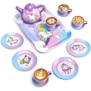 Kids Tea Set for Little Girls, 18Pcs Tin Tea Party Set for Toddlers Afternoon Tea Time Playset with Metal Teapots Tea Cups Play Dishes Princess Toys Gifts